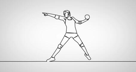 Image of drawing of female handball player with ball on white background