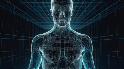 Digitally generated human with network schematic diagram effect. Generative AI 