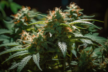 big green cannabis bud, flowering marijuana plant generative ai