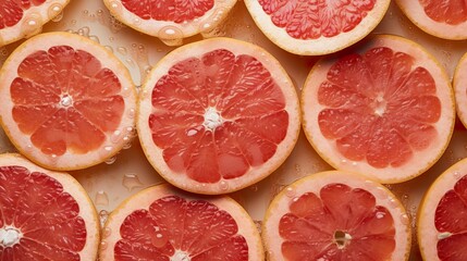 Naklejka na ściany i meble Grapefruit slices from above flat lay, top view, AI generative