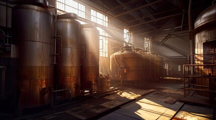 Naklejka na ściany i meble Abandoned, forgotten brewery, old damaged factory, daylight. AI generative industrial interior.