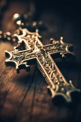 Close-up of a silver cross on a wooden table, shallow depth of field.Generative Ai
