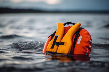 inflatable life jacket, safety in open water at sea ocean generative ai - obrazy, fototapety, plakaty