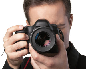Fototapeta premium Male Photographer with Camera on light background
