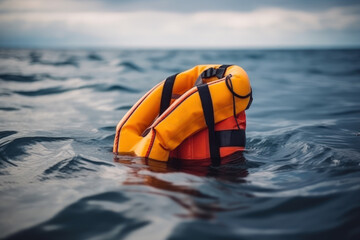 inflatable life jacket, safety in open water at sea ocean generative ai
