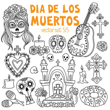 Day of the dead doodles set. Dia de los muertos. Traditional Mexican symbols - skulls, altars, crosses, decorated graves, marigold flower, candles. Isolated vector drawings. Stroke weight is editable