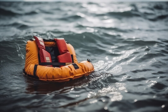 inflatable life jacket, safety in open water at sea ocean generative ai