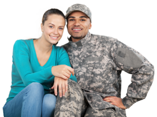 Smiling soldier with his wife standing against white background