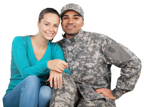 Smiling soldier with his wife standing against white background