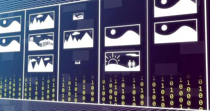 Animation of binary coding over ai landscape icons
