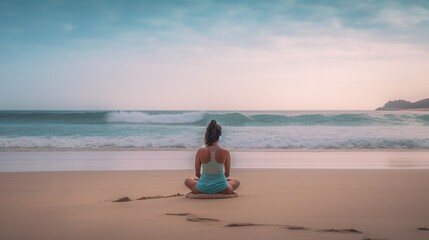 Fototapeta premium Young woman meditating, doing yoga on sandy beach at sunset, AI generative.