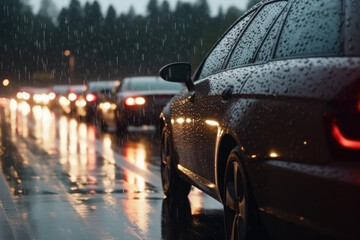 car traffic jam on the road rain bad weather generative ai - obrazy, fototapety, plakaty