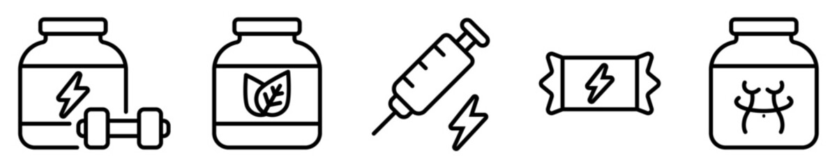 Conjunto de iconos de suplementos proteicos. Concepto de nutrición y dieta. Proteína en polvo, musculatura, energía, calorías, adelgazante. Ilustración vectorial