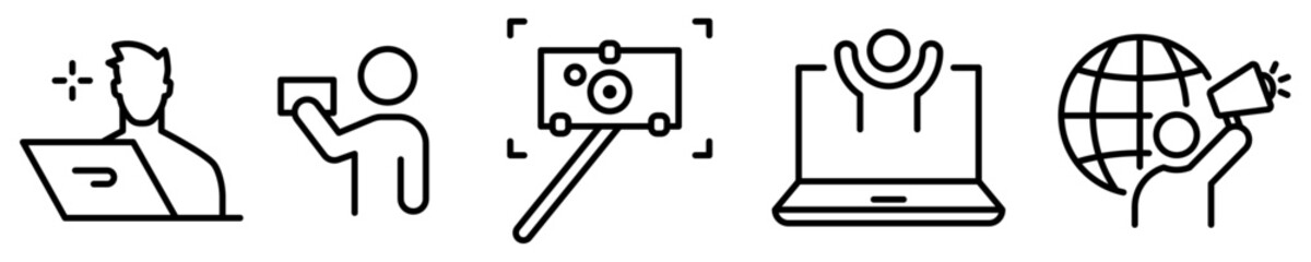 Conjunto de iconos de Blogger. Concepto de entretenimiento. Creador de contenido, famoso, influencer. Ilustración vectorial