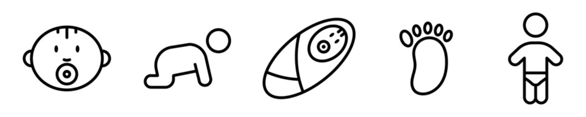 Conjunto de icono de bebé. Concepto de persona juvenil. Recién nacido, huella, niño. Ilustración vectorial