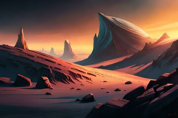 cosmic adventure on a foreign planet, beautiful scenery of landscapes from different planets, mountain ranges and dunes, intense light on the sands. generated with ai