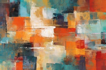 an abstract painting featuring squares in shades of orange and blue. Generative AI