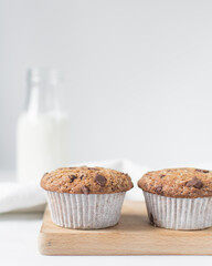 Homemade chocolate chip muffins with selective focus, bakery style chocolate chip muffins with white liners