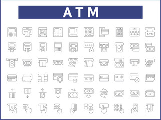 Simple Set of atm Related Vector Line Icons. Vector collection of money, credit card, banking, loan, finance, credit, deposit, income, payment and design elements symbols or logo element.
