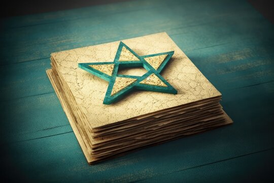 stack of folded papers with a Star of David on top, representing Judaism. Generative AI