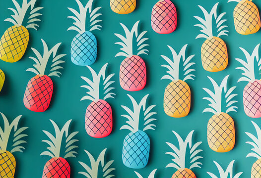 Tropical summer vibes: a cute and colorful multi-colored pattern of pineapples.  Generative Ai image.  Generative.  Ai.