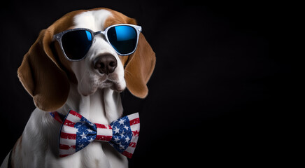 Dog with a bow tie and glasses with a design inspired by the USA flag. Independence Day celebration, July 4. created with AI