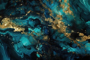 Fototapeta na wymiar an abstract painting with gold and blue colors. Generative AI