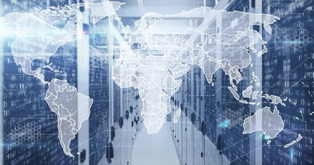 Animation of world map, statistics and data processing over computer servers - Powered by Adobe
