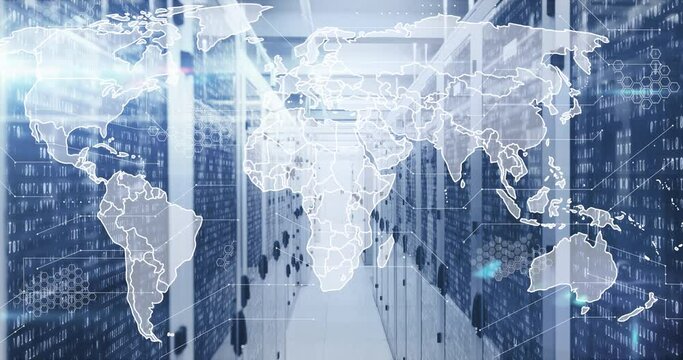 Animation of world map, statistics and data processing over computer servers