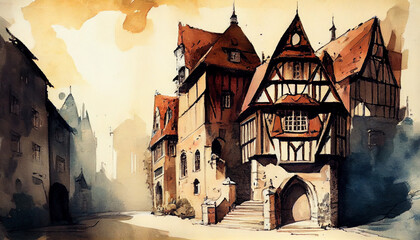 Vintage aquarelle painting of old city