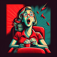 Woman in retro style with great watching a movie in a cinema with red chairs, expression,