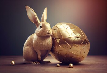 3D illustration of funny rabbit with golden egg. Generative AI