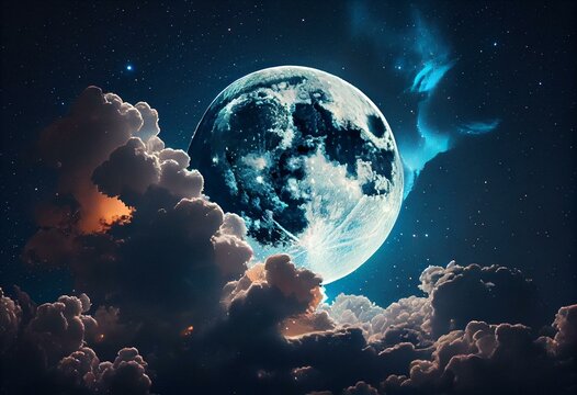 Beautiful magic blue night sky with clouds and fullmoon and stars. Generative AI