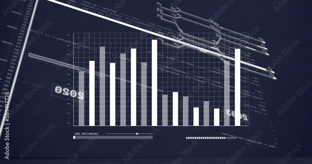 Poster animation of lines with changing numbers over graph and loading bar against circuit board pattern