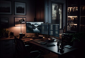Corner view on dark office room interior with computers. Generative AI