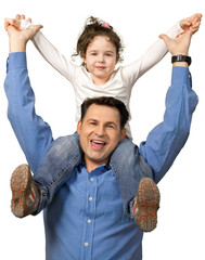 Smiling Father Carrying on his Shoulders Little Daughter, Isolated on Transparent Background