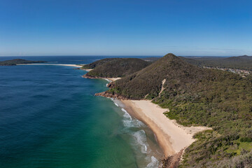 Panoramic view from Tomaree Head Summit, Port Stephens, NSW, Australia including Zenith Beach, Wreck Beach & Box Beach, Fingal Spit & Fingal Island 