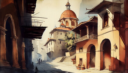 Vintage aquarelle painting of old city