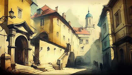 Vintage aquarelle painting of old city