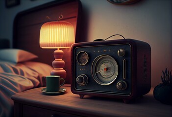 Vintage Radio with Retro Night Table Lamp over Old Stylish Table. 3d Rendering. Generative AI