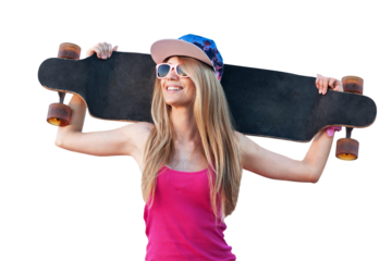 Young girl with skateboard isolated on white