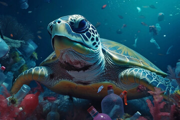 Naklejka na ściany i meble Ai generated image of a sea turtle surrounded by trash