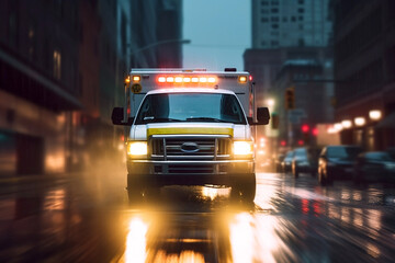 Generative AI image of an ambulance racing through the rain on a stormy night