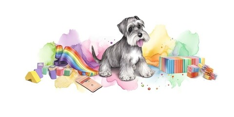 watercolor borders of a colorful schnauzer puppy - Generative AI Art