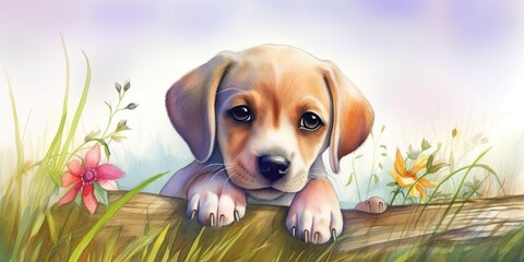 watercolor borders of a colorful labrador puppy - Generative AI Art