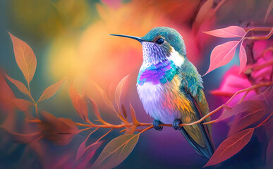 Obraz premium Hummingbird Sitting on a Branch, Bird of Paradise. Created with Generative AI Technology