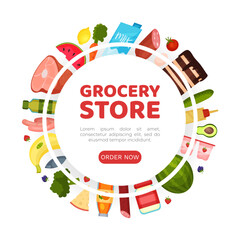 Grocery Food Store Banner Design with Products Vector Template