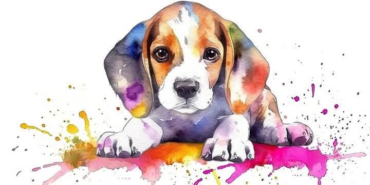 watercolor borders of a colorful beagle puppy - Generative AI Art