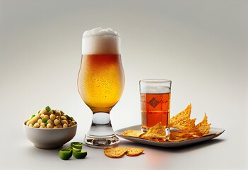 beer with appetizer, isolated on white. Generative AI