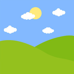 green cartoon meadow sun. Hills horizon. Vector illustration.